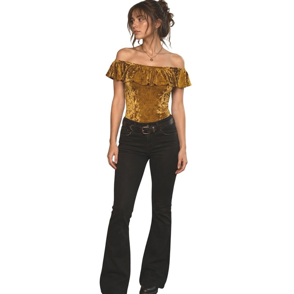 Iris Gold Crushed Velvet Bodysuit Small Off Shoulder Ruffle Y2K Whimsigoth Goth